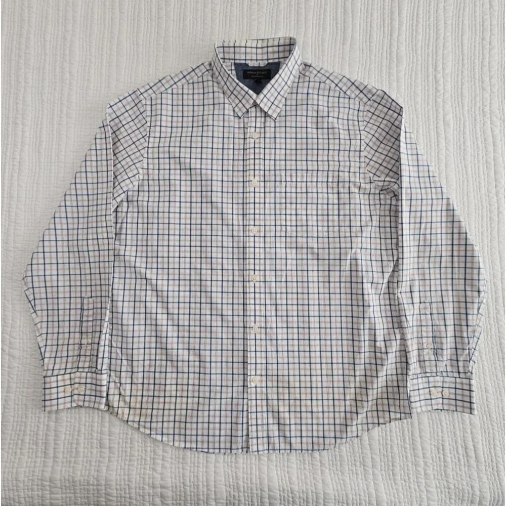 Banana Republic Shirt Men's XL Red White Blue Windowpane‎ Soft Wash Slim Fit EUC